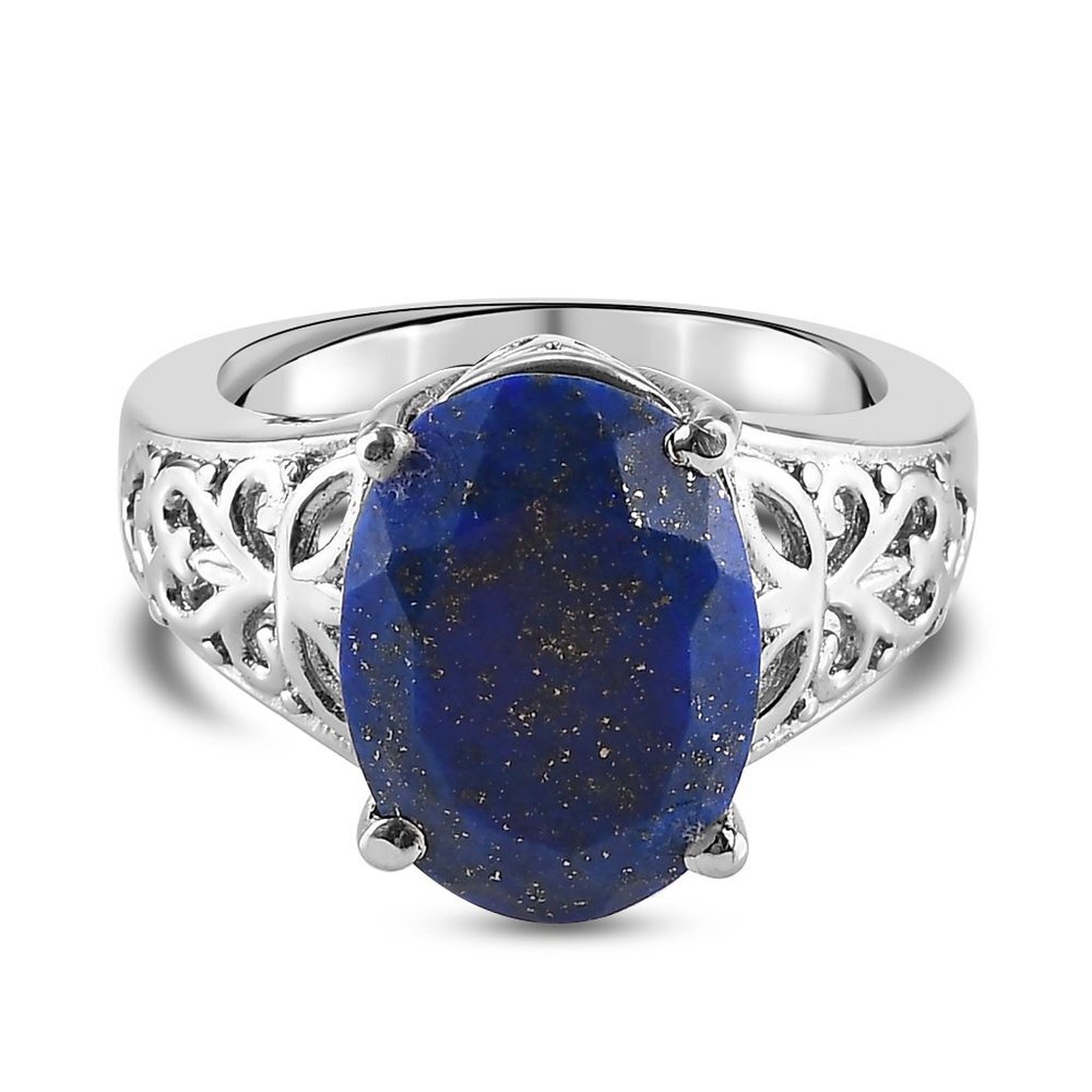 Lapis Lazuli Openwork Solitaire Ring in Stainless Steel 5.75 ctw Size 5